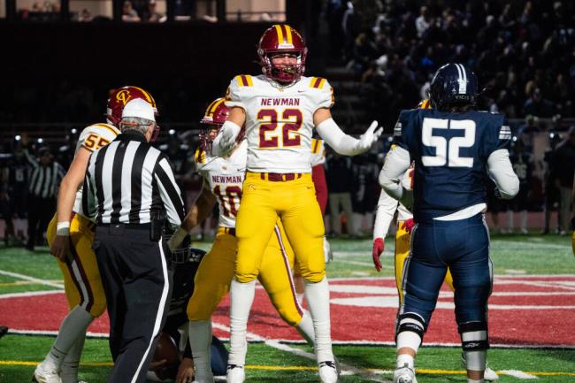 Cardinal Newman’s Zachary Homan celebrates after sacking Marin Catholic’s quarterback during the North Coast Section Division 4 final Saturday, Nov. 26, 2022 in San Rafael. (Nicholas Vides / For The Press Democrat).