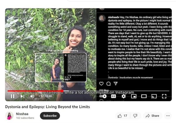 Nisshaa shares her journey on living with dysto<em></em>nia and epilepsy in her docu<em></em>mentary ‘Nisshaa’s Unyielding Journey’ on her YouTube channel. 