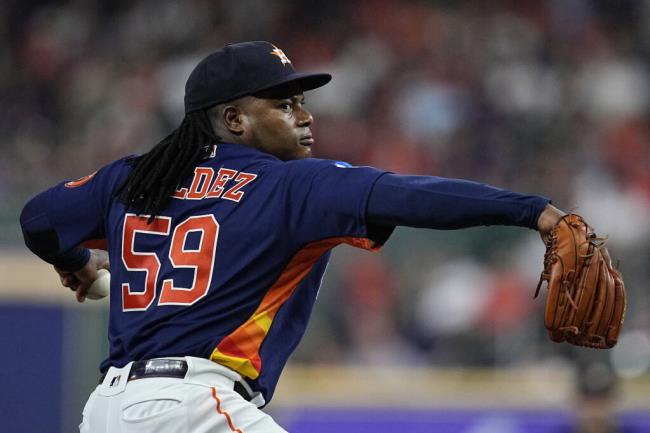 Astros starting pitcher Framber Valdez delivers during the seventh inning against the Cleveland Guardians, Tuesday, Aug. 1, 2023, in Houston. (Kevin M. Cox / ASSOCIATED PRESS)