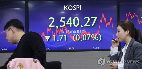 An electro<em></em>nic signboard at a Hana Bank in Seoul shows the benchmark Korea Composite Stock Price Index (KOSPI) closed at 2,540.27 on Jan. 11, 2024, down 1.71 points or 0.07 percent from the previous session's close. (Yonhap)