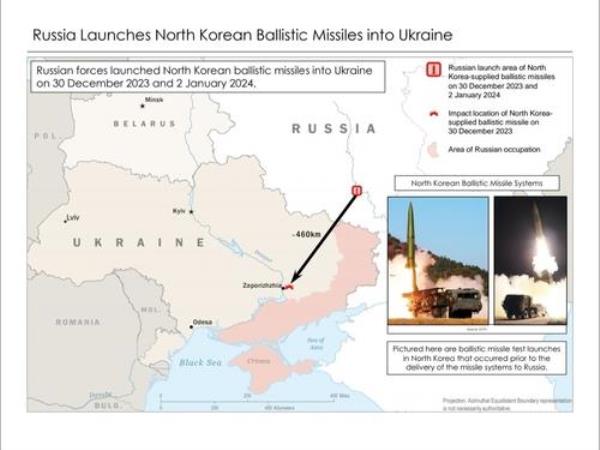 This image, provided by the White House, shows Russia's recent launch of North Korean ballistic missiles into Ukraine. (PHOTO NOT FOR SALE) (Yonhap)